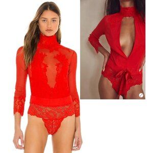 HAH Free People Take HAH Bow Reversible Red Lace & Mesh Bodysuit Blood Orange- S